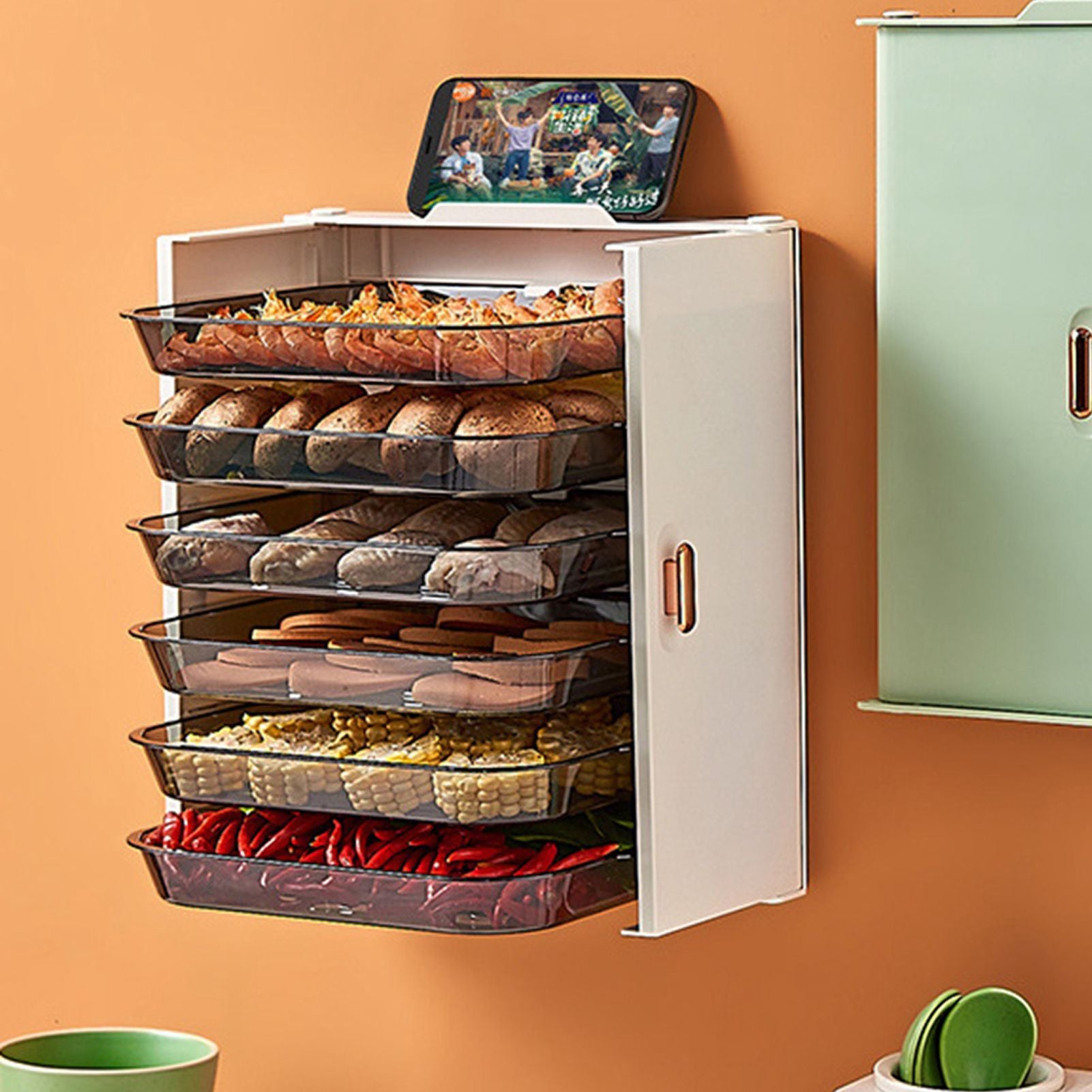 Kitchen Side Dishes Punch Free Foldable PET 6 Layers Wall Mounted Organization Rack Cooking Plates Storage Shelf Pearl White