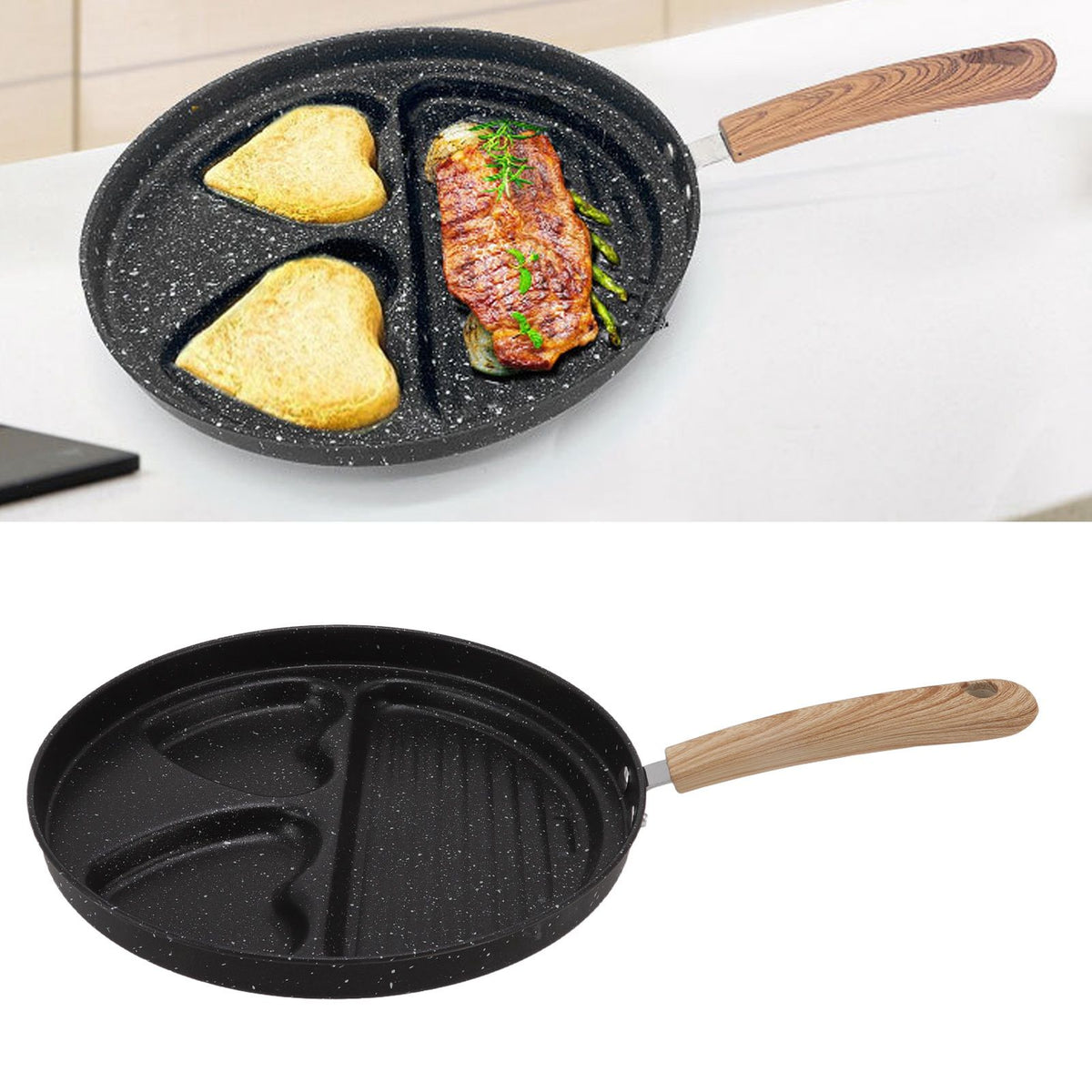 Egg Steak Divided Frying Pan 3 in 1 Multifunctional Prevent Stick Egg Beef Steak Cooker Pan for Home - Flavour Fushion Cooking Shop