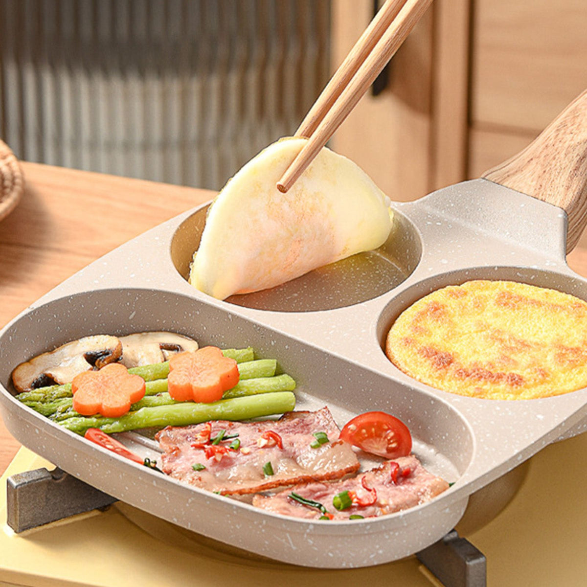 3 in 1 Breakfast Pan Nonstick Aluminum Alloy Labor Saving Pancake Frying Pan for Egg Bacon Universal Type - Flavour Fushion Cooking Shop