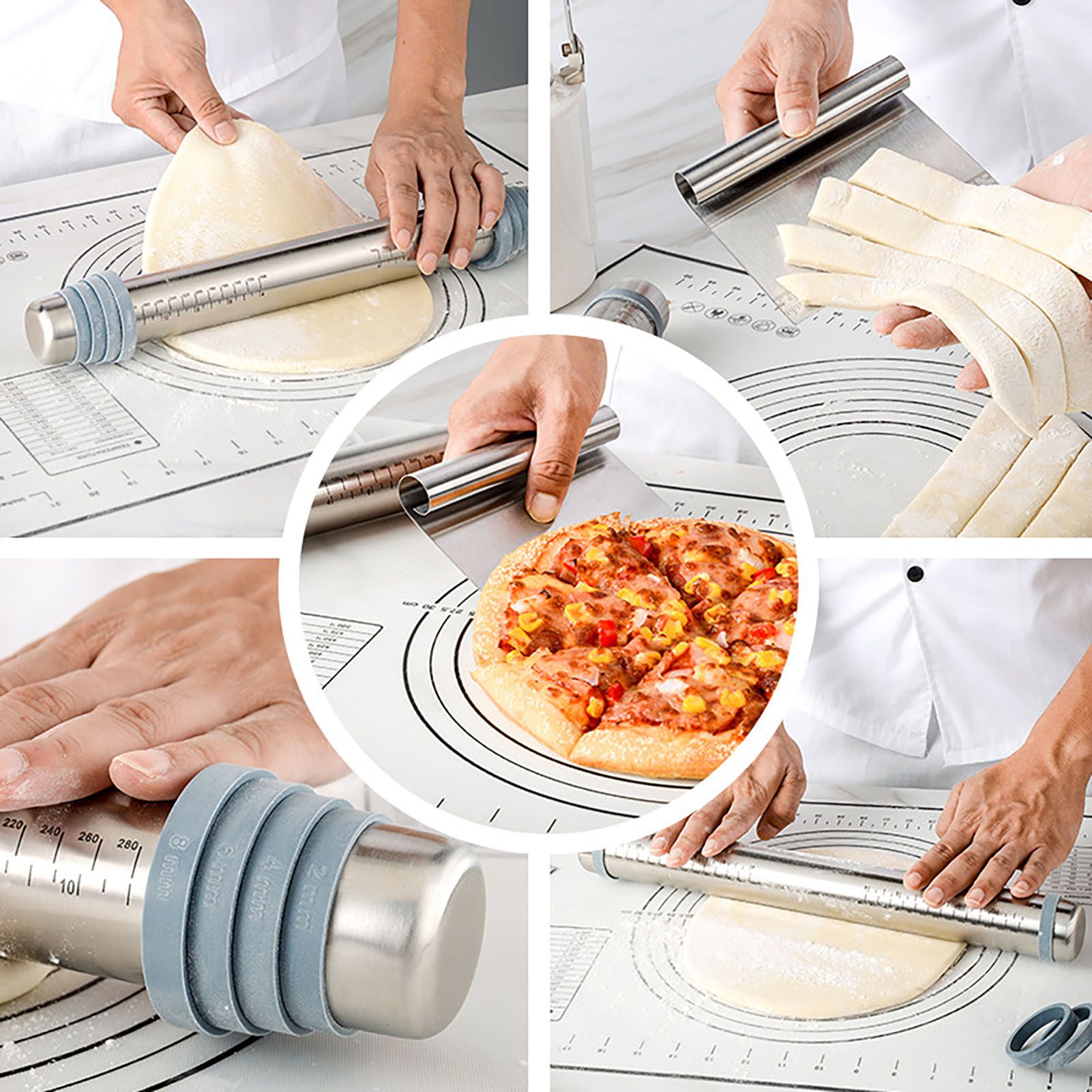 Adjustable Thicknes Flour Rolling Pin with Scale Mat Dough Scraper 430 Stainless Steel Cooking Tools Baking Utensils