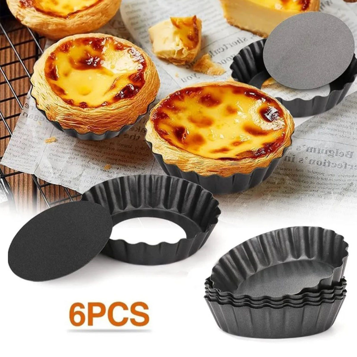 6PCS Removable Bottom Tart Pan Non Stick Coating Carbon Steel Black Quiche Pan for Kitchen - Flavour Fushion Cooking Shop