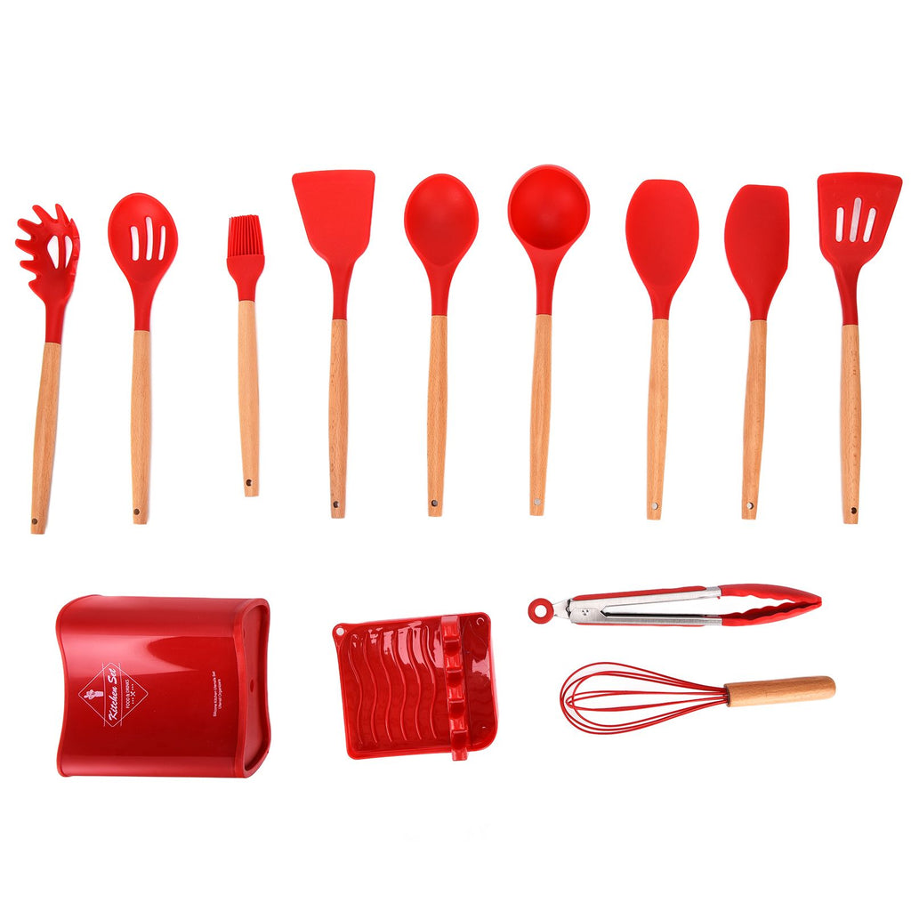 13Pcs Silicone Cooking Utensils Set Non Stick Spatula Shovel Wooden Handle Cooking Tools Set Kitchen Supplies Red