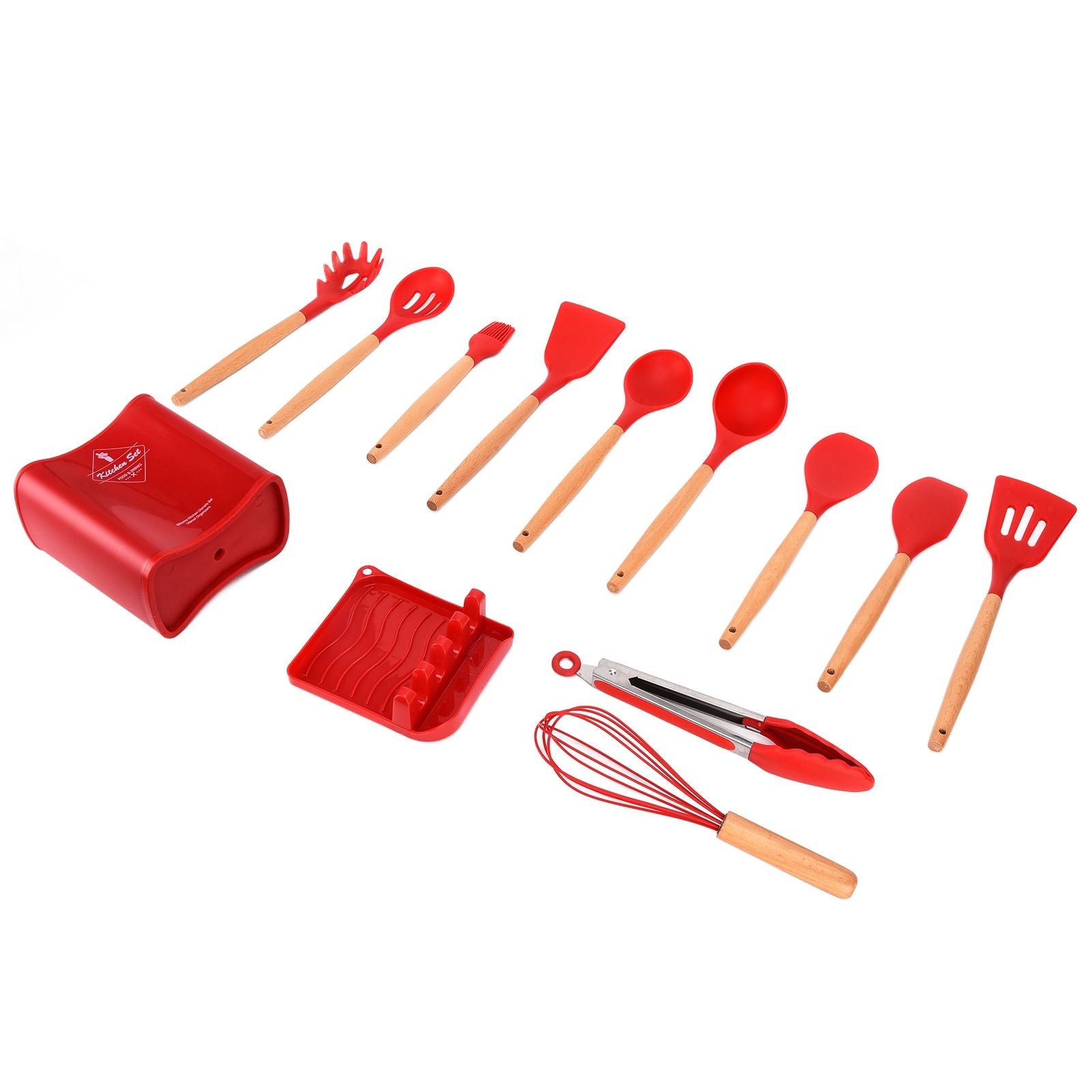 13Pcs Silicone Cooking Utensils Set Non Stick Spatula Shovel Wooden Handle Cooking Tools Set Kitchen Supplies Red