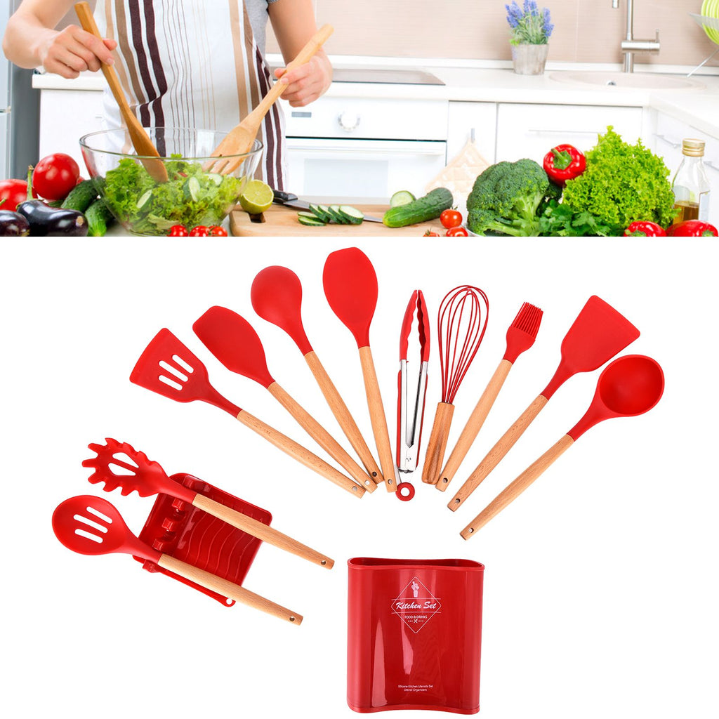 13Pcs Silicone Cooking Utensils Set Non Stick Spatula Shovel Wooden Handle Cooking Tools Set Kitchen Supplies Red