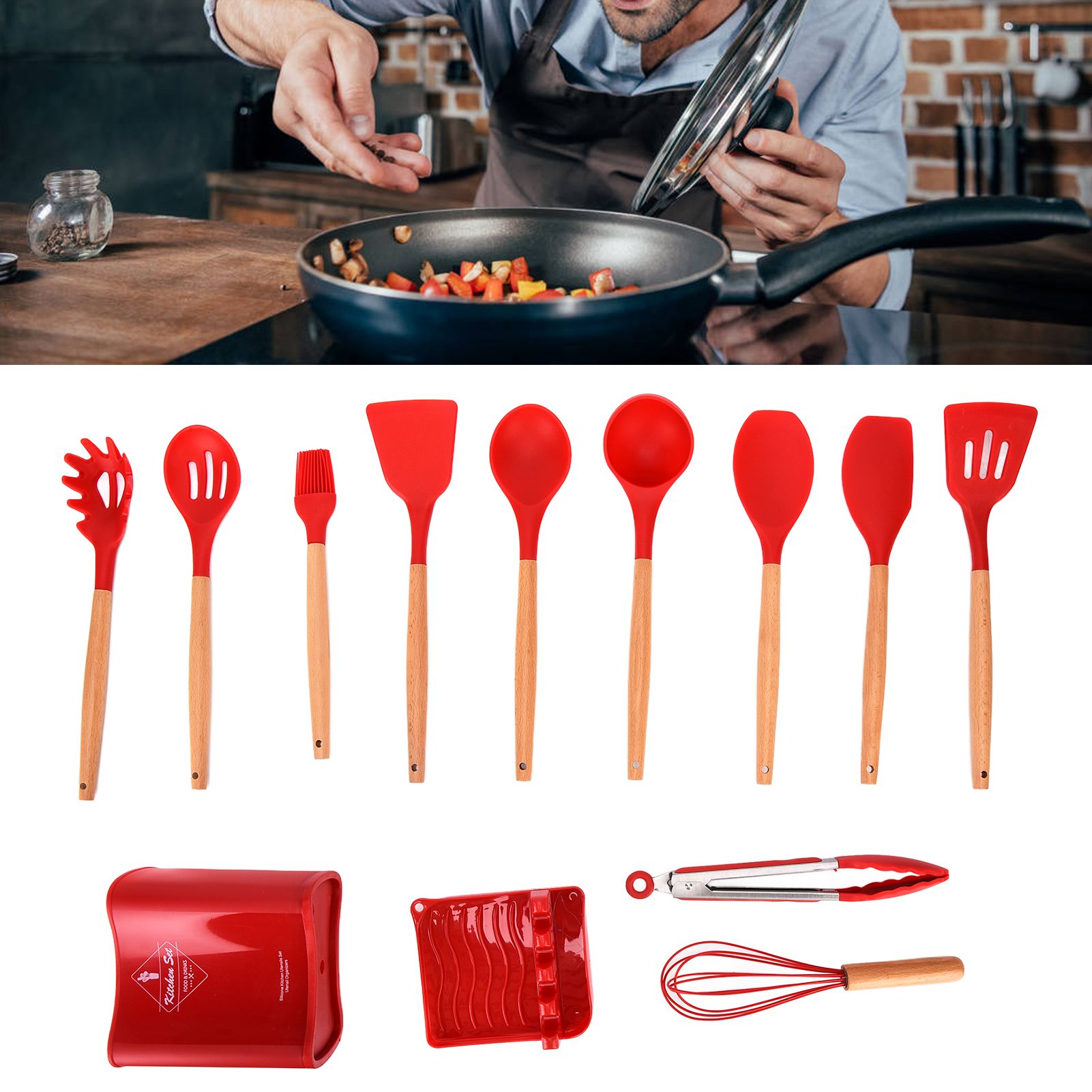 13Pcs Silicone Cooking Utensils Set Non Stick Spatula Shovel Wooden Handle Cooking Tools Set Kitchen Supplies Red