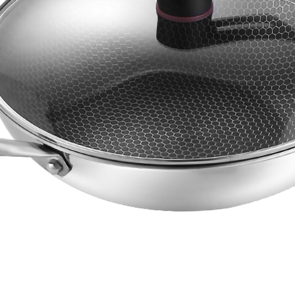 Stainless Steel Wok Pan Double Sided Honeycomb 3 Layer 32cm/12.6in (with Cover and Ears)