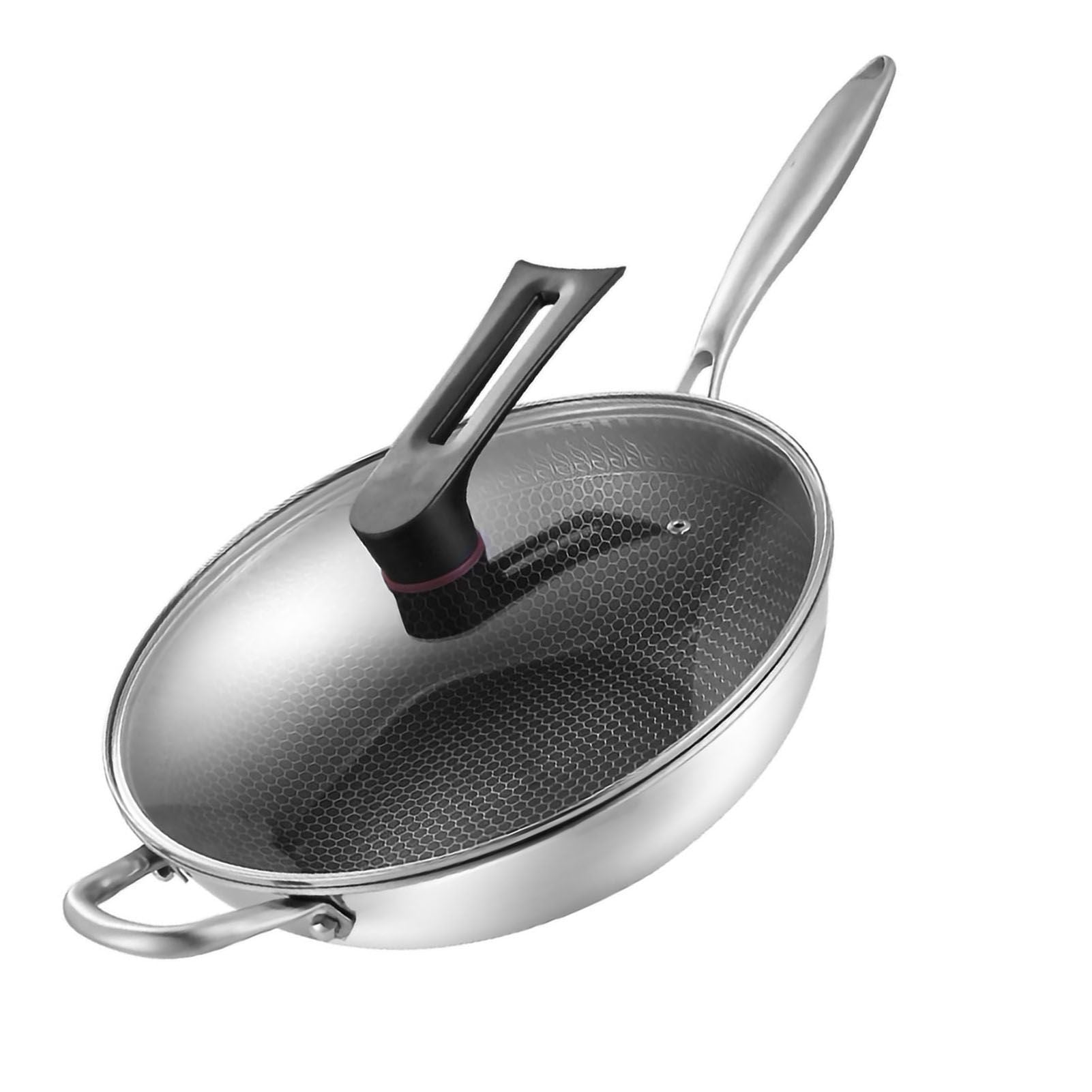 Stainless Steel Wok Pan Double Sided Honeycomb 3 Layer 32cm/12.6in (with Cover and Ears)
