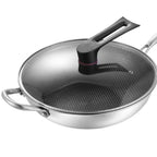 Stainless Steel Wok Pan Double Sided Honeycomb 3 Layer 32cm/12.6in (with Cover and Ears)