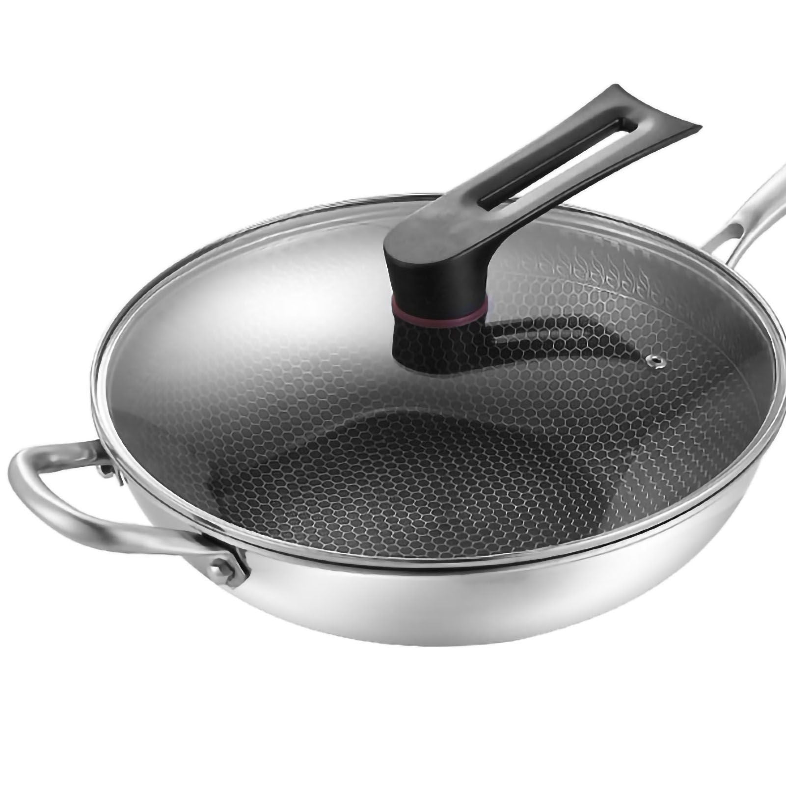 Stainless Steel Wok Pan Double Sided Honeycomb 3 Layer 32cm/12.6in (with Cover and Ears)