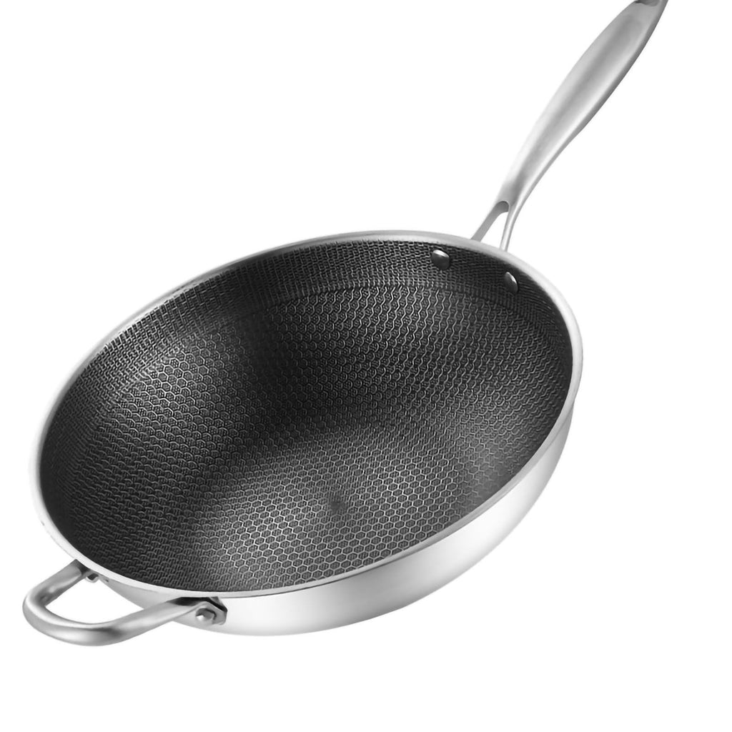 Stainless Steel Wok Pan Double Sided Honeycomb 3 Layer 34cm/13.4in (No Lid and with Ears)