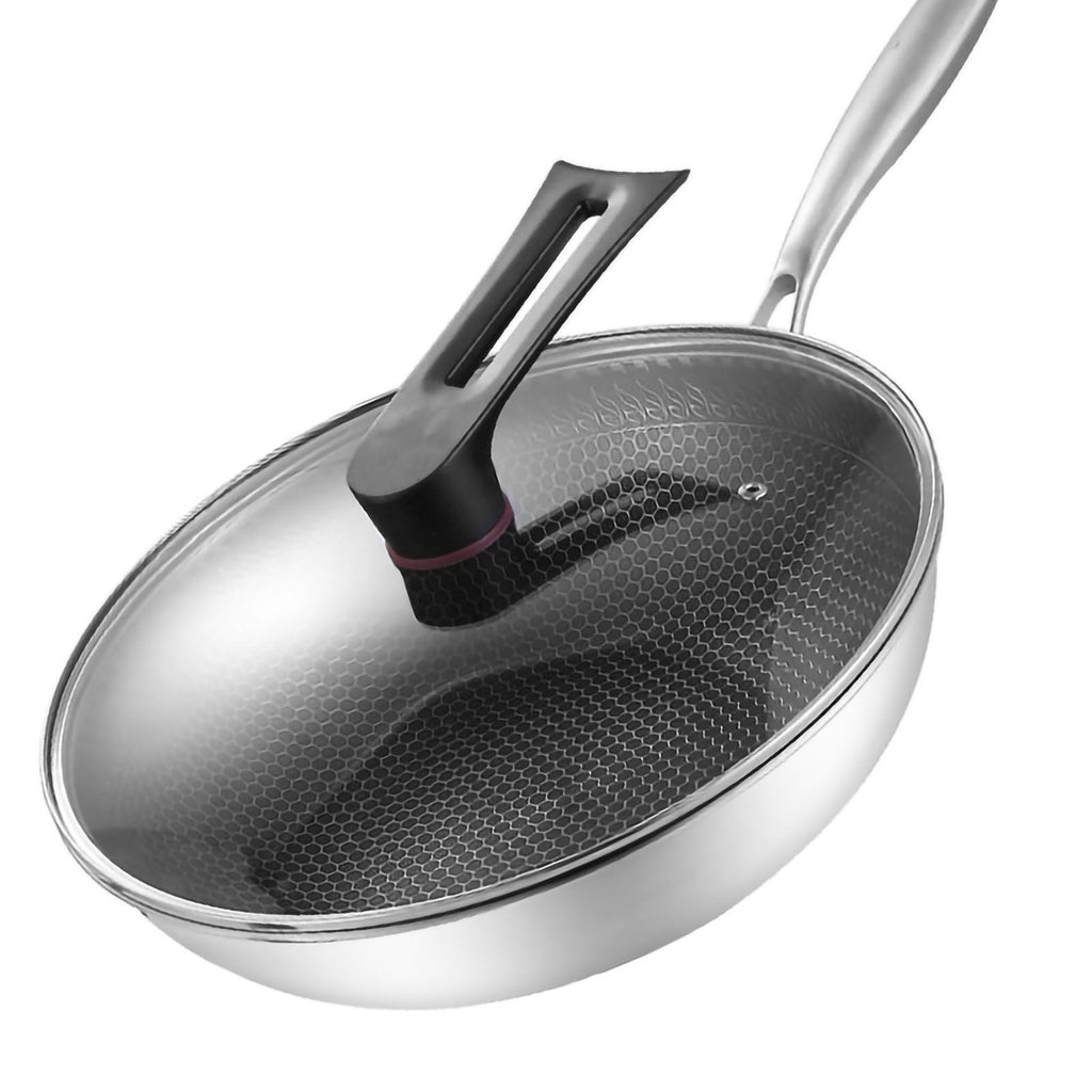Stainless Steel Wok Pan Double Sided Honeycomb 3 Layer 34cm/13.4in (with Lid and No Ears)