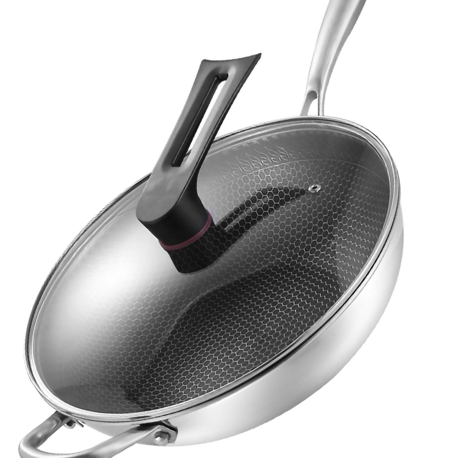 Stainless Steel Wok Pan Double Sided Honeycomb 3 Layer 34cm/13.4in (with Cover and Ears)