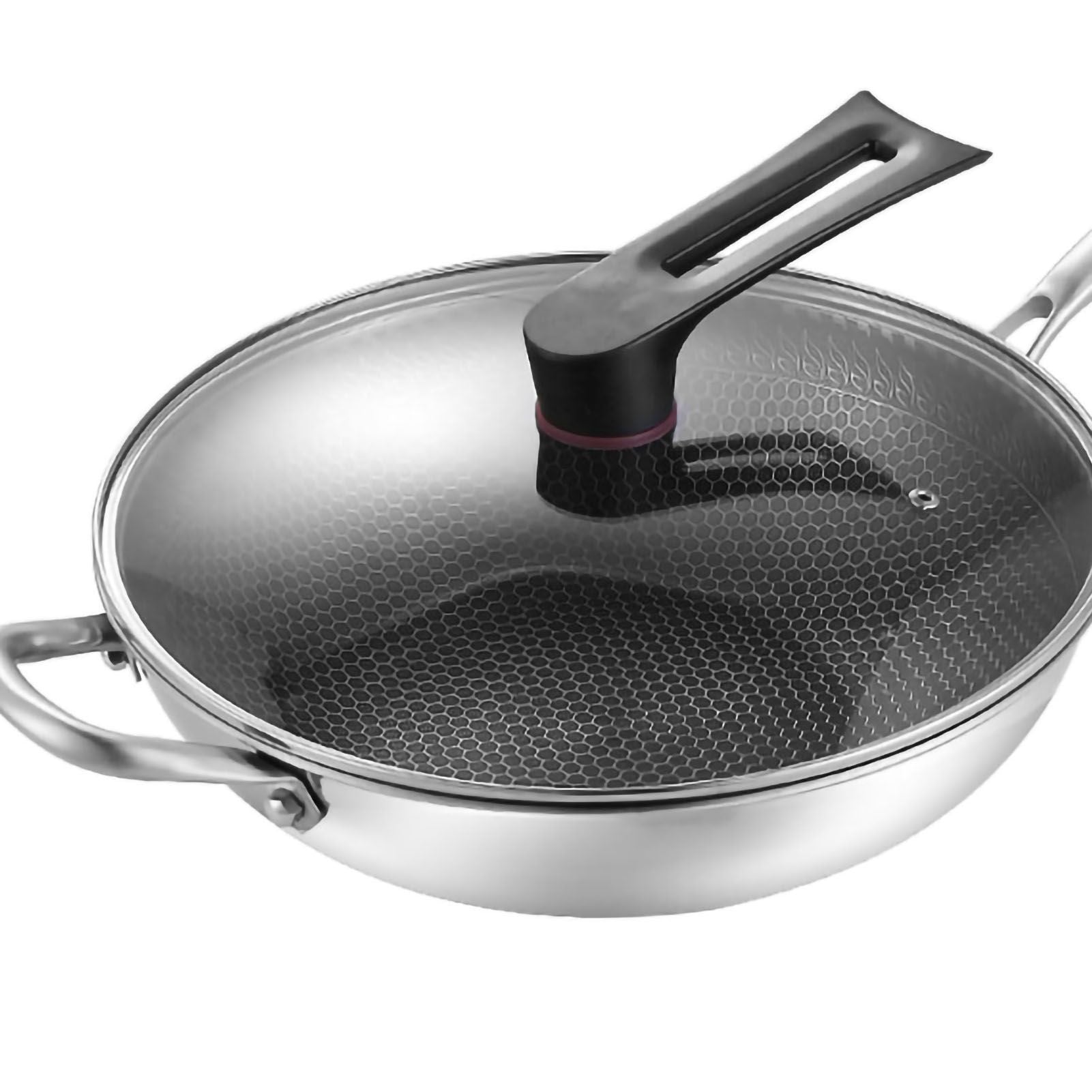 Stainless Steel Wok Pan Double Sided Honeycomb 3 Layer 34cm/13.4in (with Cover and Ears)