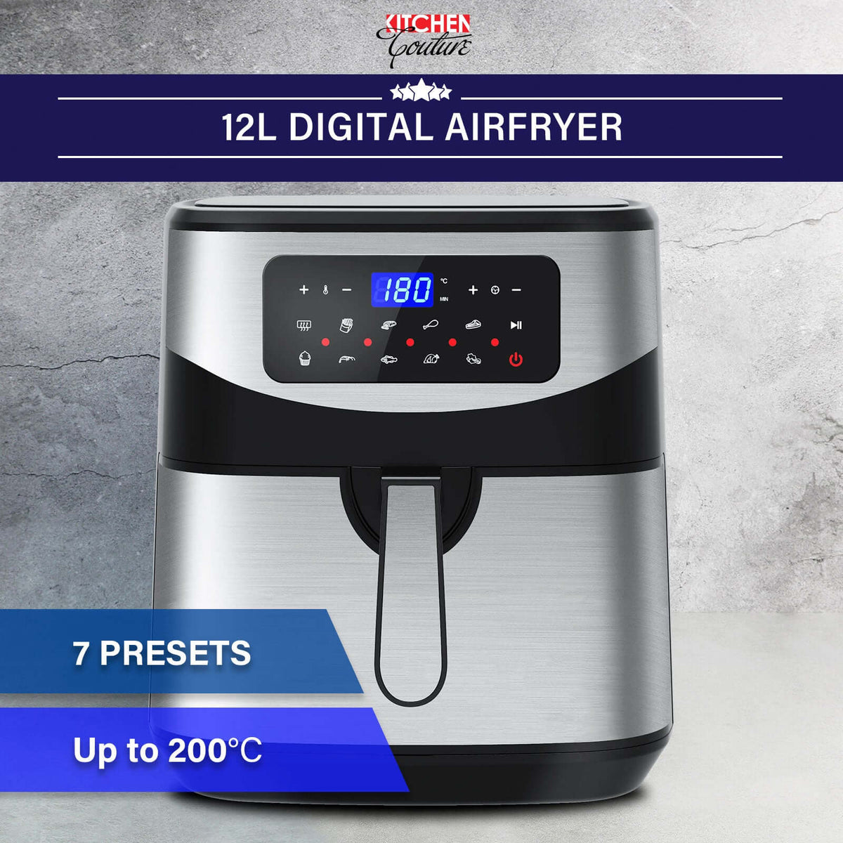 12 litre digital air fryer with digital touch-screen menu and sleek stainless steel design.