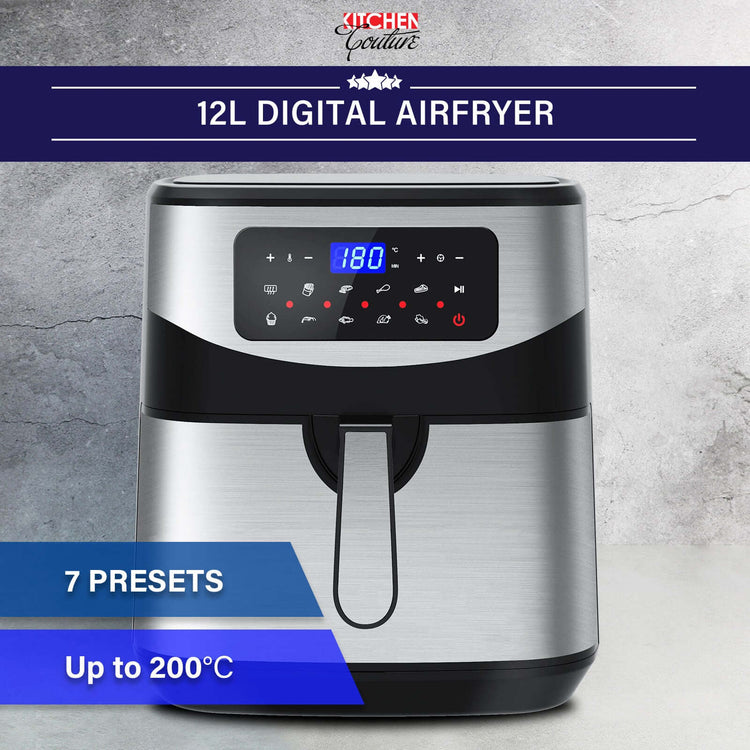 12 litre digital air fryer with digital touch-screen menu and sleek stainless steel design.
