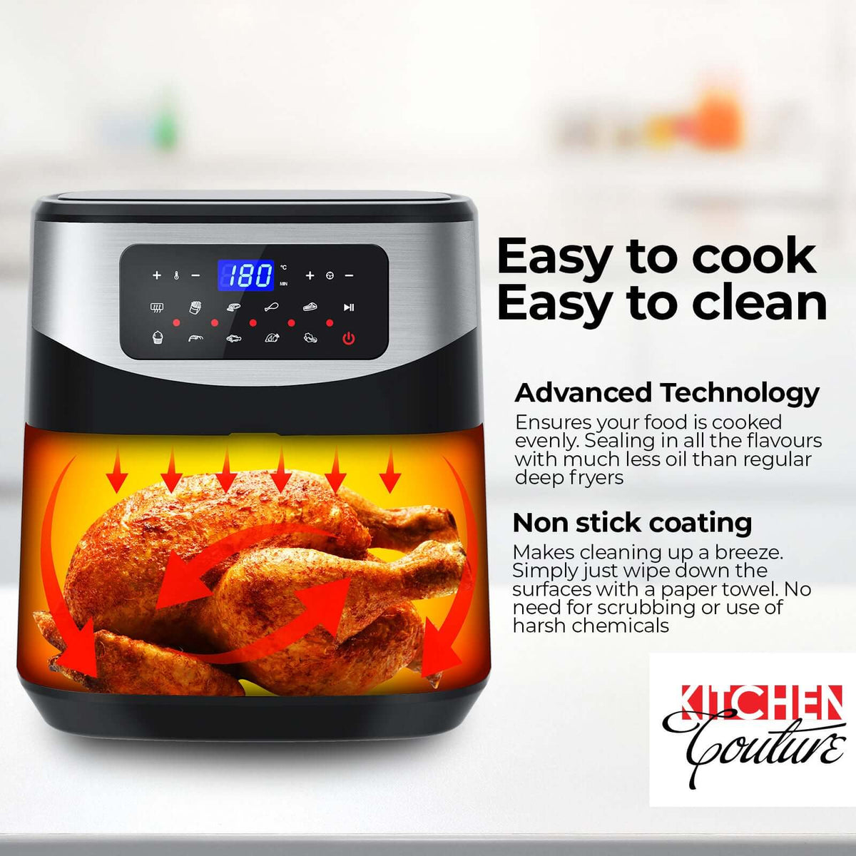12 litre digital air fryer with digital touch-screen menu and sleek stainless steel design.