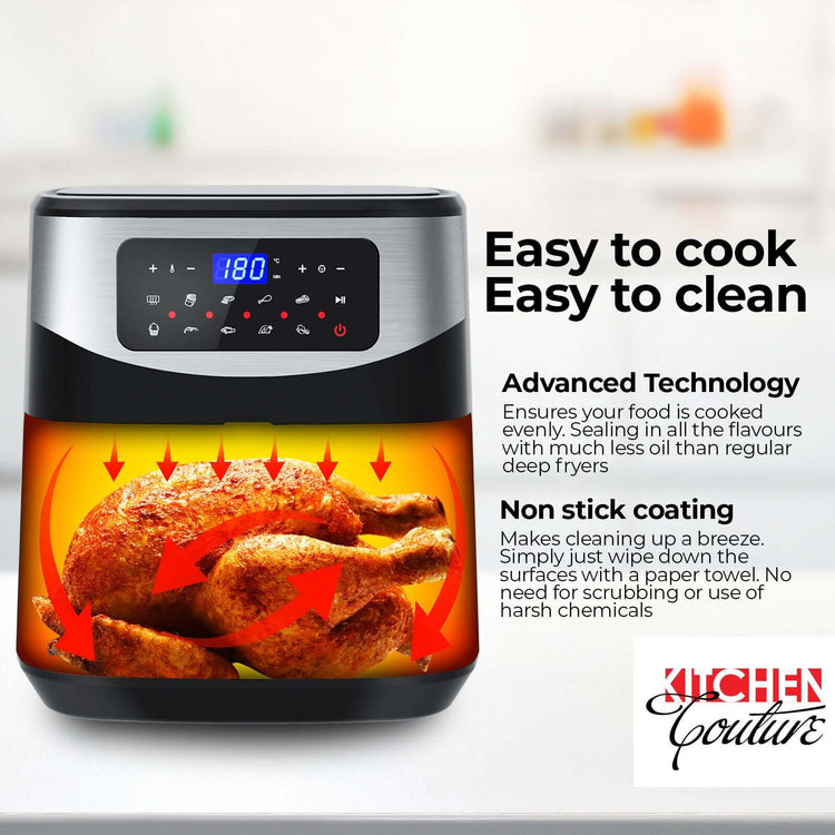 12 litre digital air fryer with digital touch-screen menu and sleek stainless steel design.