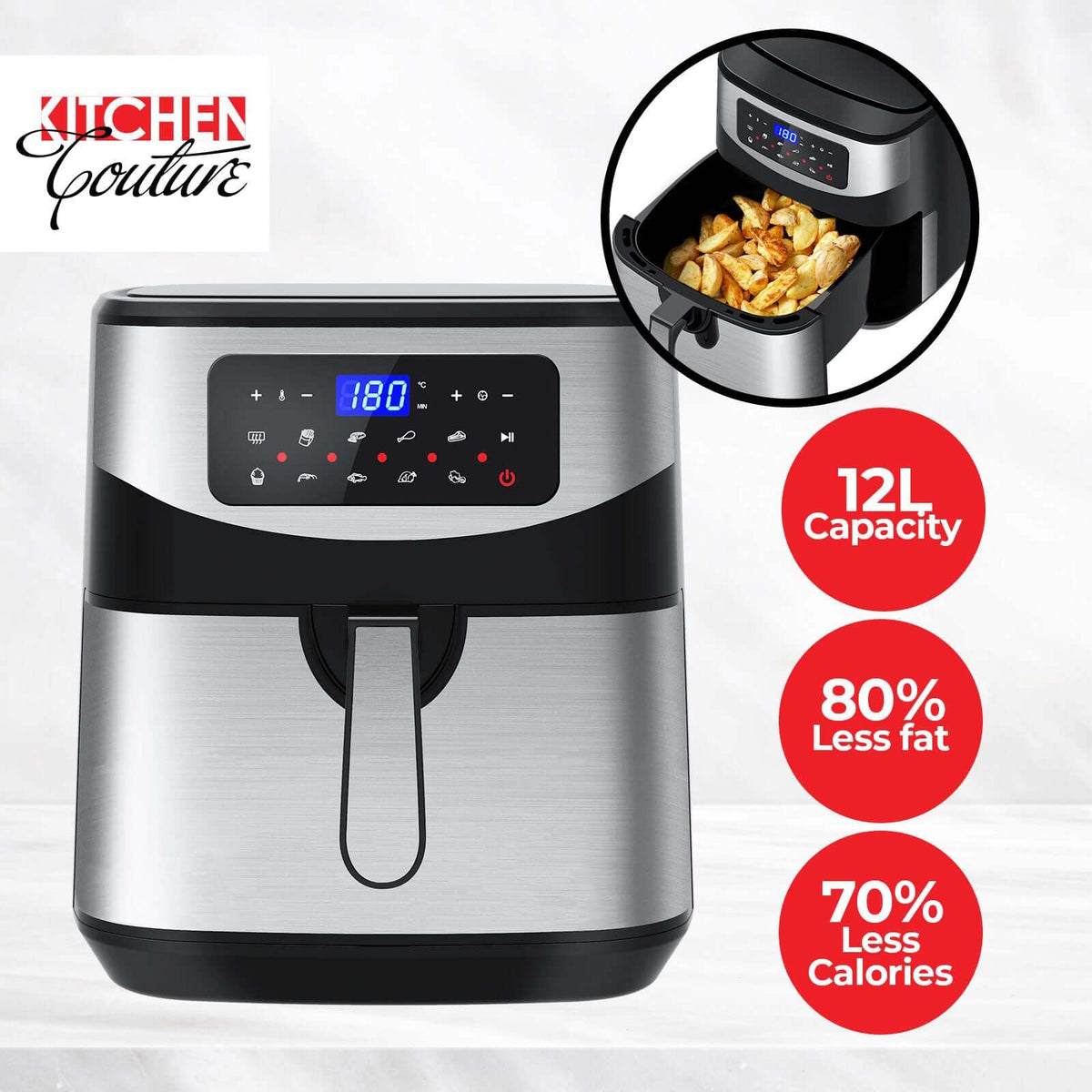 12 litre digital air fryer with digital touch-screen menu and sleek stainless steel design.