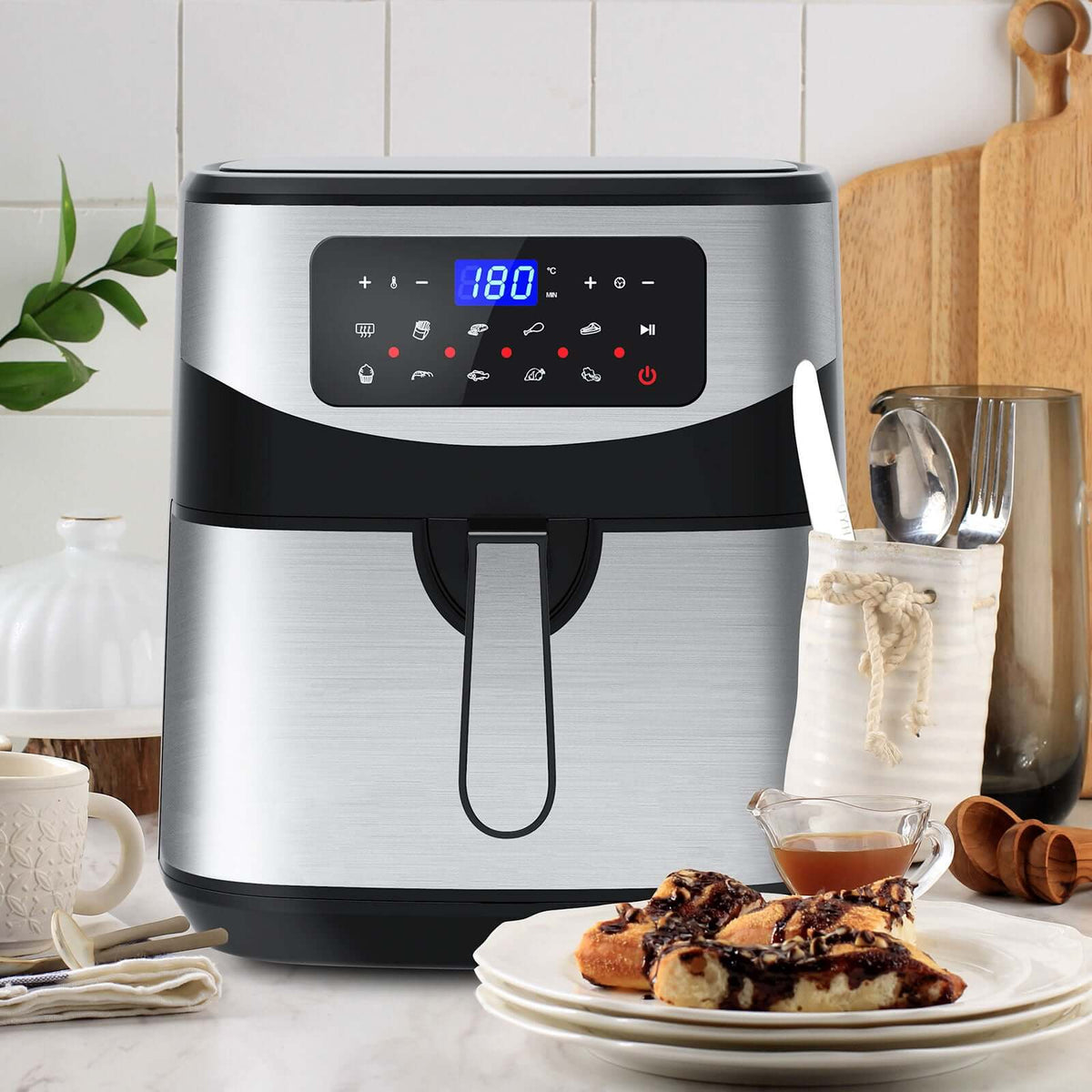 12 litre digital air fryer with digital touch-screen menu and sleek stainless steel design.