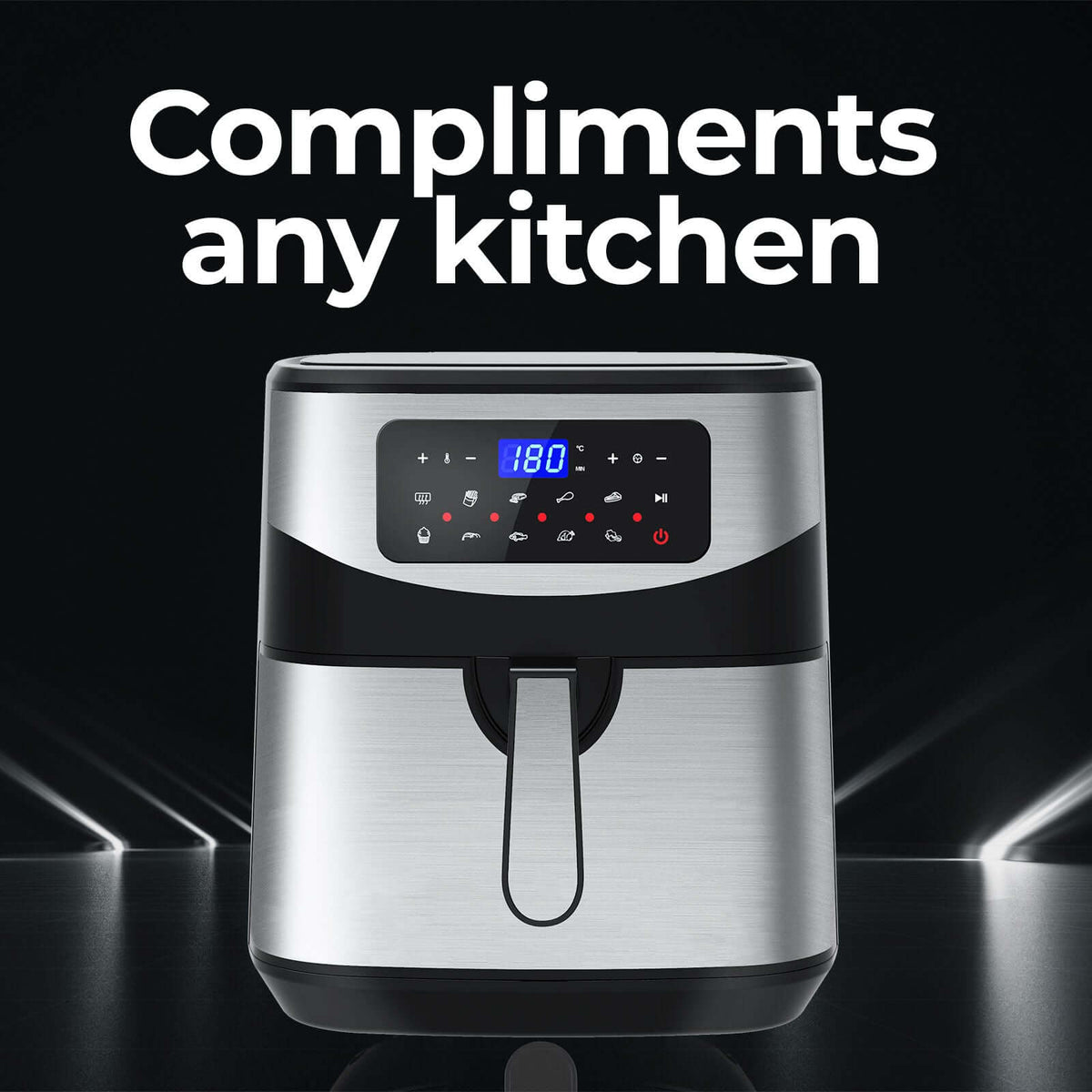 12 litre digital air fryer with digital touch-screen menu and sleek stainless steel design.