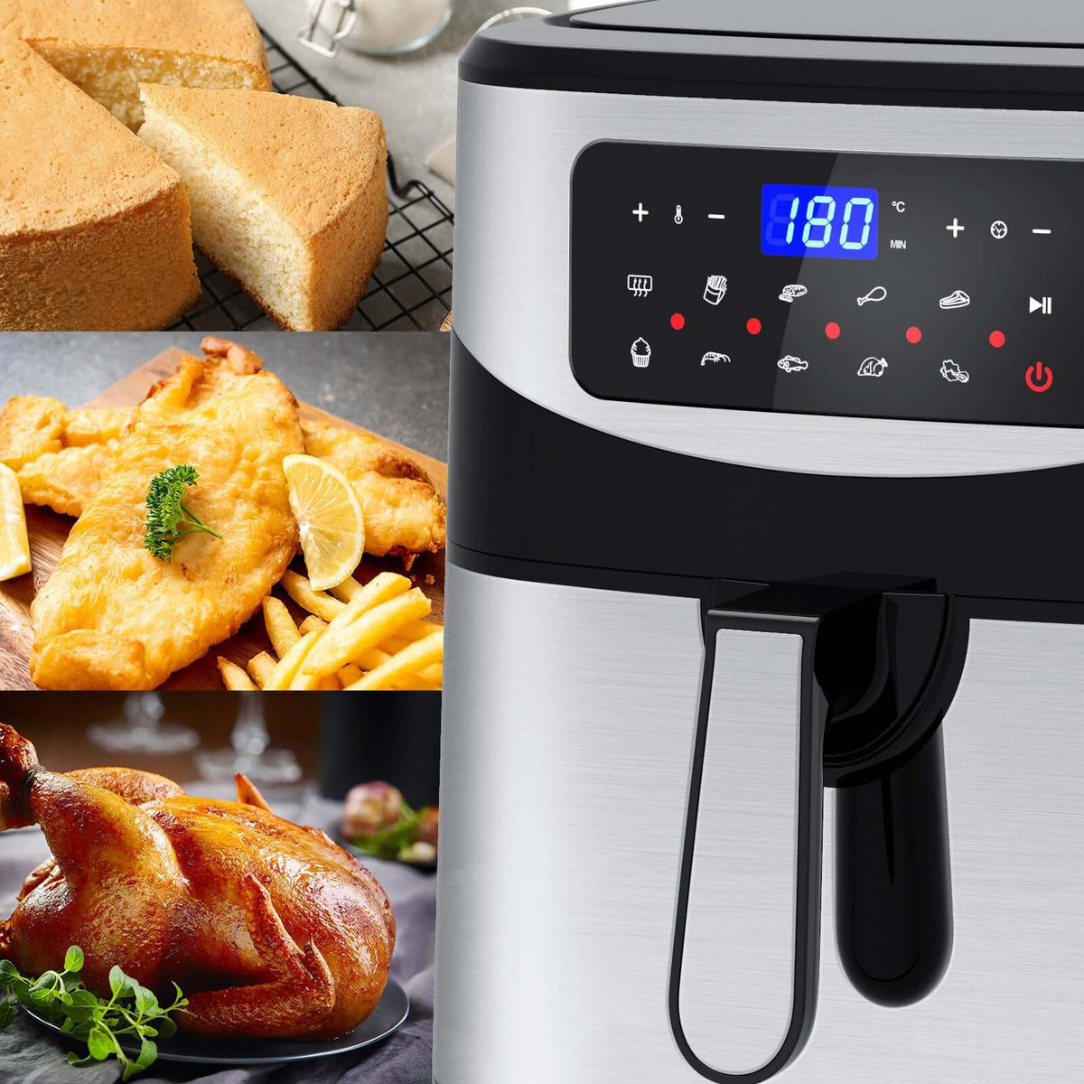 12 litre digital air fryer with digital touch-screen menu and sleek stainless steel design.