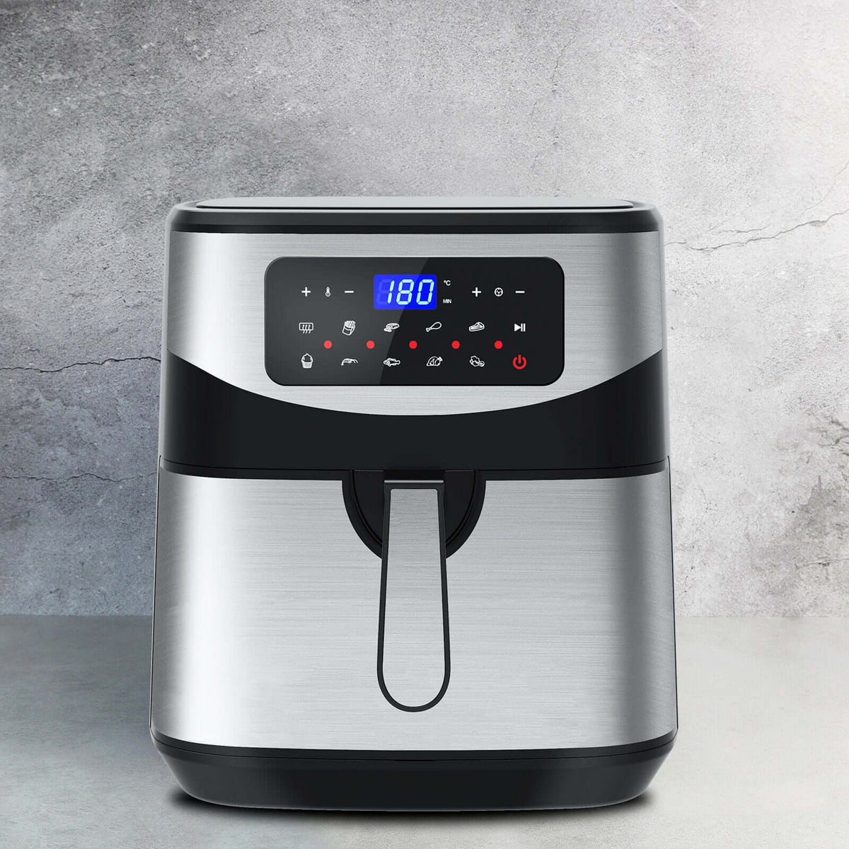 12 litre digital air fryer with digital touch-screen menu and sleek stainless steel design.