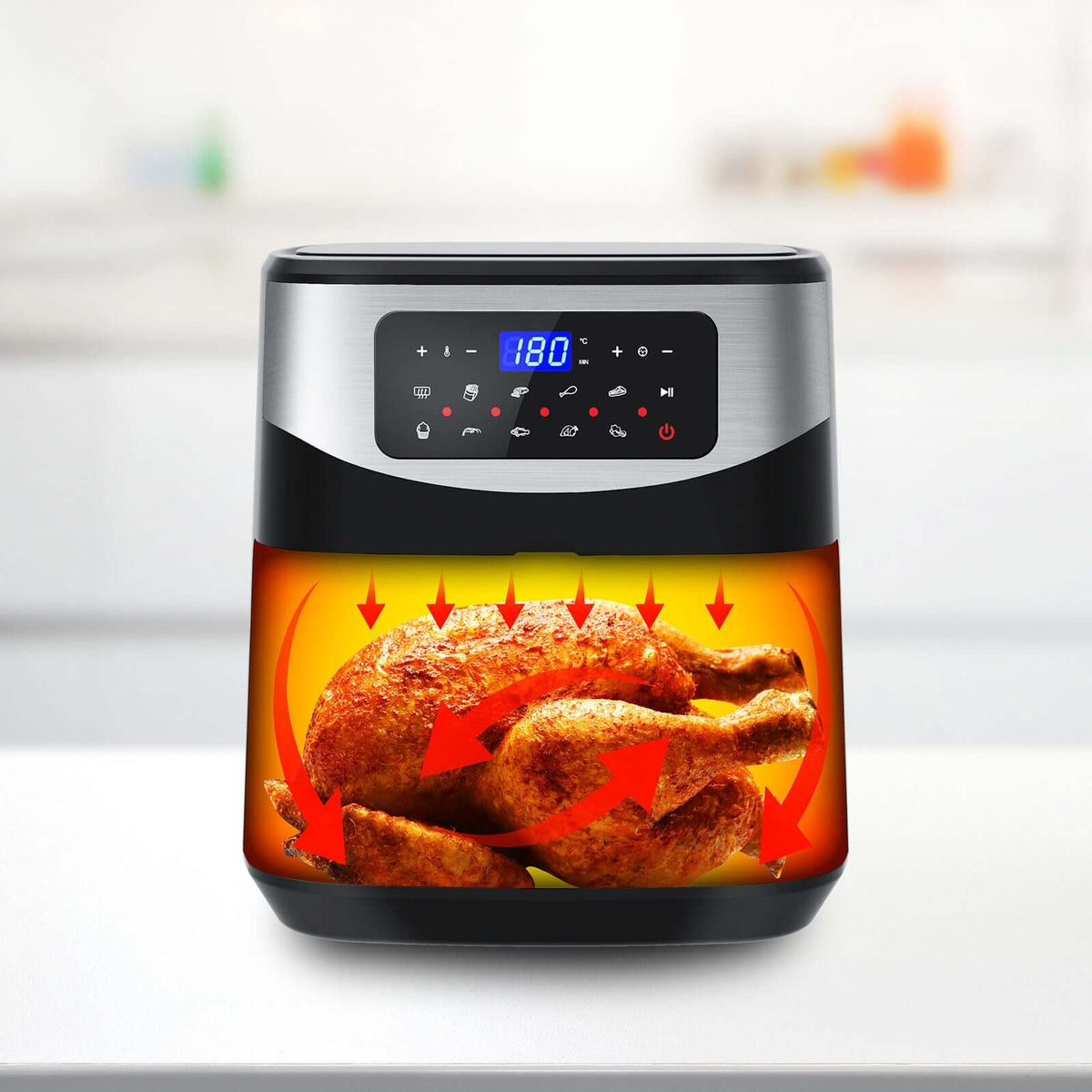 12 litre digital air fryer with digital touch-screen menu and sleek stainless steel design.