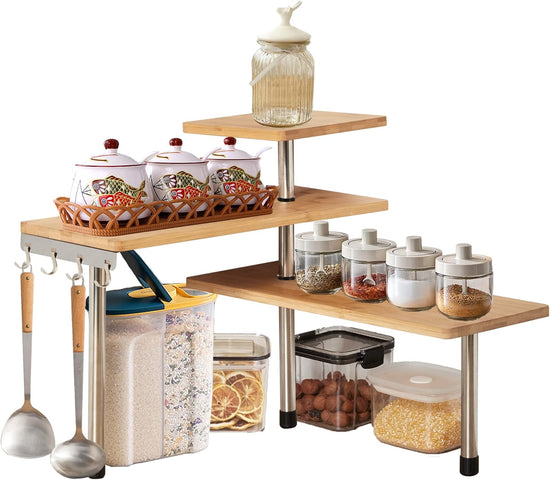 CARLA HOME 3 Tier Corner Shelf Kitchen Spice Rack Organiser with Hooks for Home Storage & Organisation - Flavour Fushion Cooking Shop