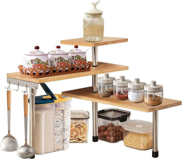 CARLA HOME 3 Tier Corner Shelf Kitchen Spice Rack Organiser with Hooks for Home Storage & Organisation - Flavour Fushion Cooking Shop
