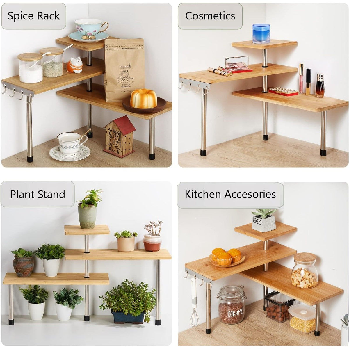 CARLA HOME 3 Tier Corner Shelf Kitchen Spice Rack Organiser with Hooks for Home Storage & Organisation - Flavour Fushion Cooking Shop