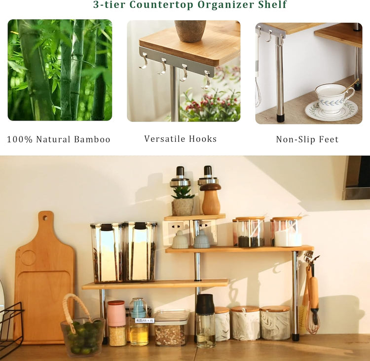 CARLA HOME 3 Tier Corner Shelf Kitchen Spice Rack Organiser with Hooks for Home Storage & Organisation - Flavour Fushion Cooking Shop