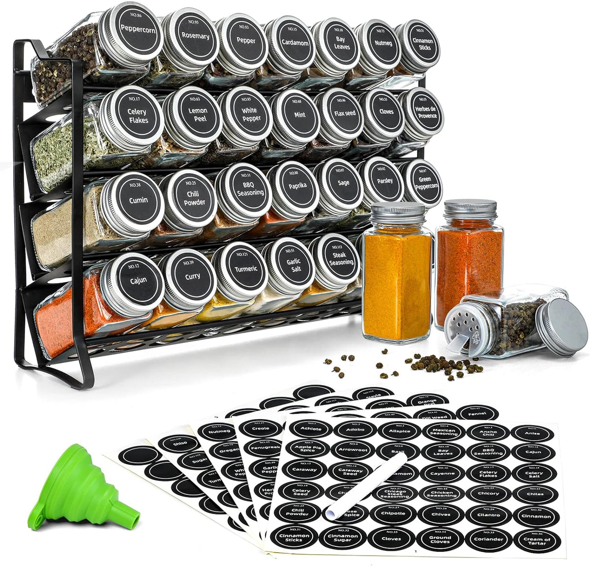 Spice Rack organiser with 28 Spice Jars, Spice Labels, Funnel and Marker for Kitchen Countertop - Flavour Fushion Cooking Shop