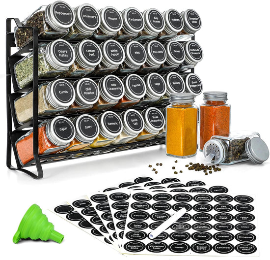 Spice Rack organiser with 28 Spice Jars, Spice Labels, Funnel and Marker for Kitchen Countertop - Flavour Fushion Cooking Shop