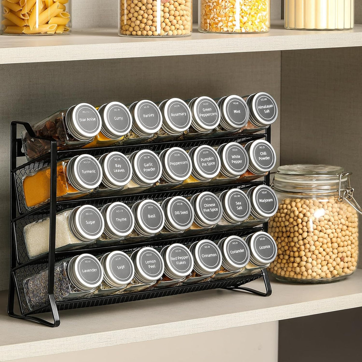 Spice Rack organiser with 28 Spice Jars, Spice Labels, Funnel and Marker for Kitchen Countertop - Flavour Fushion Cooking Shop