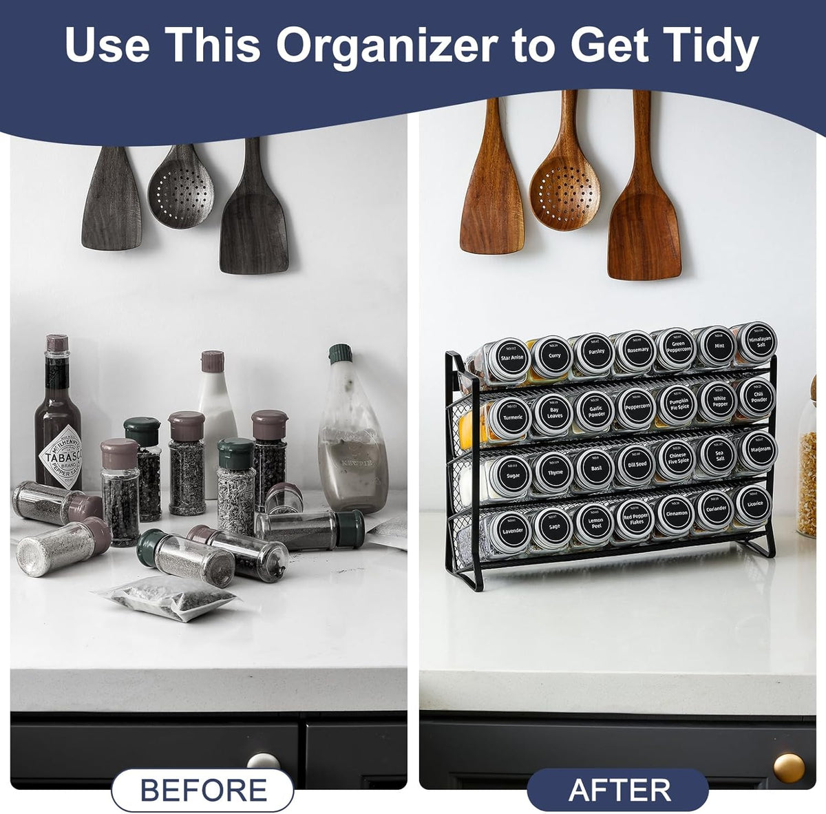 Spice Rack organiser with 28 Spice Jars, Spice Labels, Funnel and Marker for Kitchen Countertop - Flavour Fushion Cooking Shop