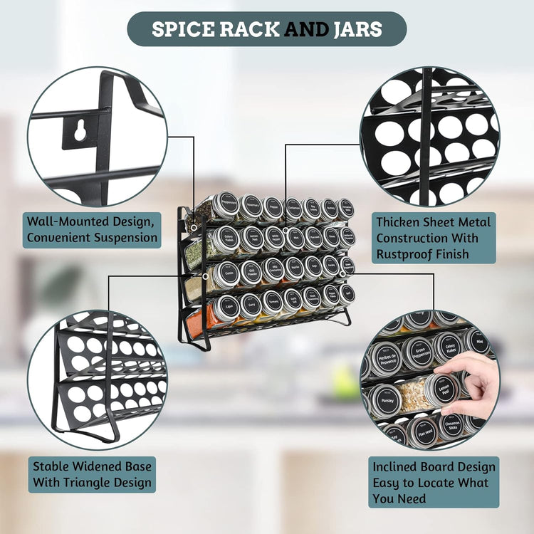 Spice Rack organiser with 28 Spice Jars, Spice Labels, Funnel and Marker for Kitchen Countertop - Flavour Fushion Cooking Shop