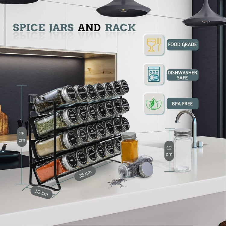 Spice Rack organiser with 28 Spice Jars, Spice Labels, Funnel and Marker for Kitchen Countertop - Flavour Fushion Cooking Shop