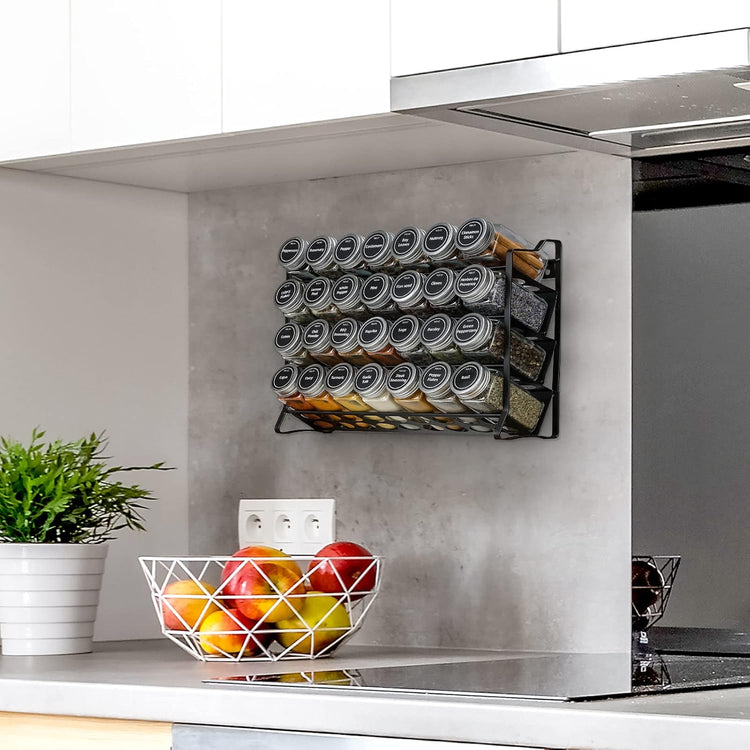 Spice Rack organiser with 28 Spice Jars, Spice Labels, Funnel and Marker for Kitchen Countertop - Flavour Fushion Cooking Shop