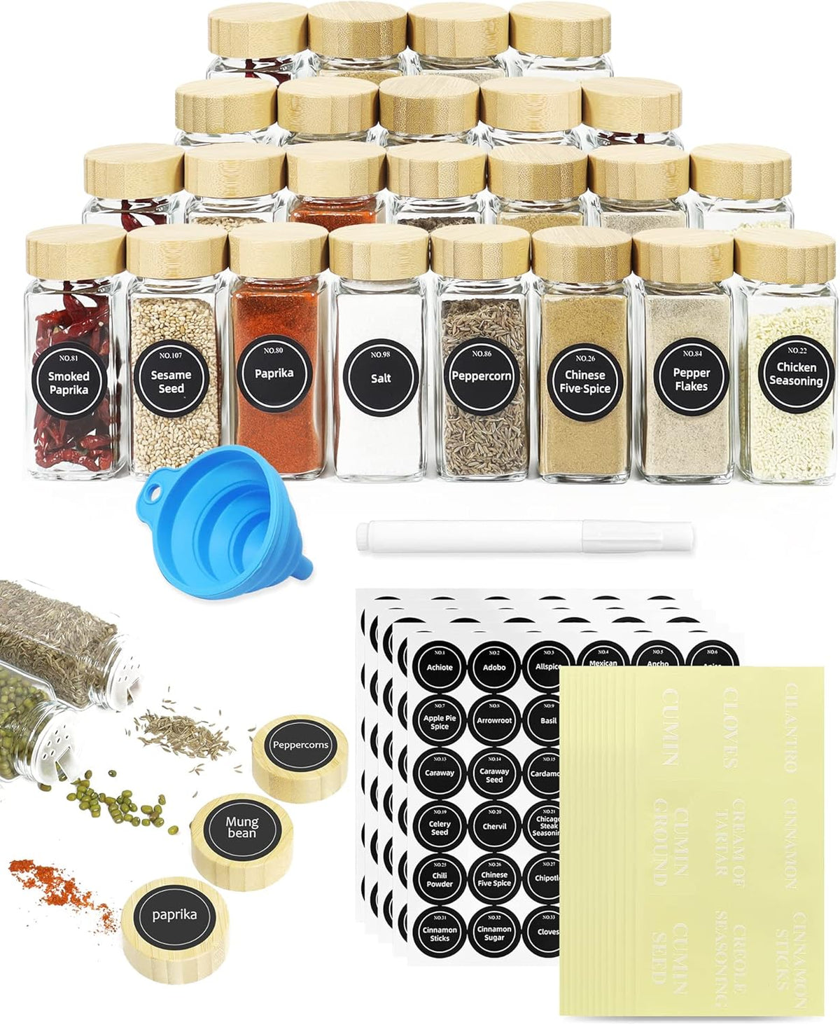 CARLA HOME 24 Glass Spice Jars with Bamboo Lids, Shaker Tops, 180 Spice Labels, White Pen & Funnel for Kitchen Organization, Spice Rack, Seasoning & Herb Storage - Flavour Fushion Cooking Shop