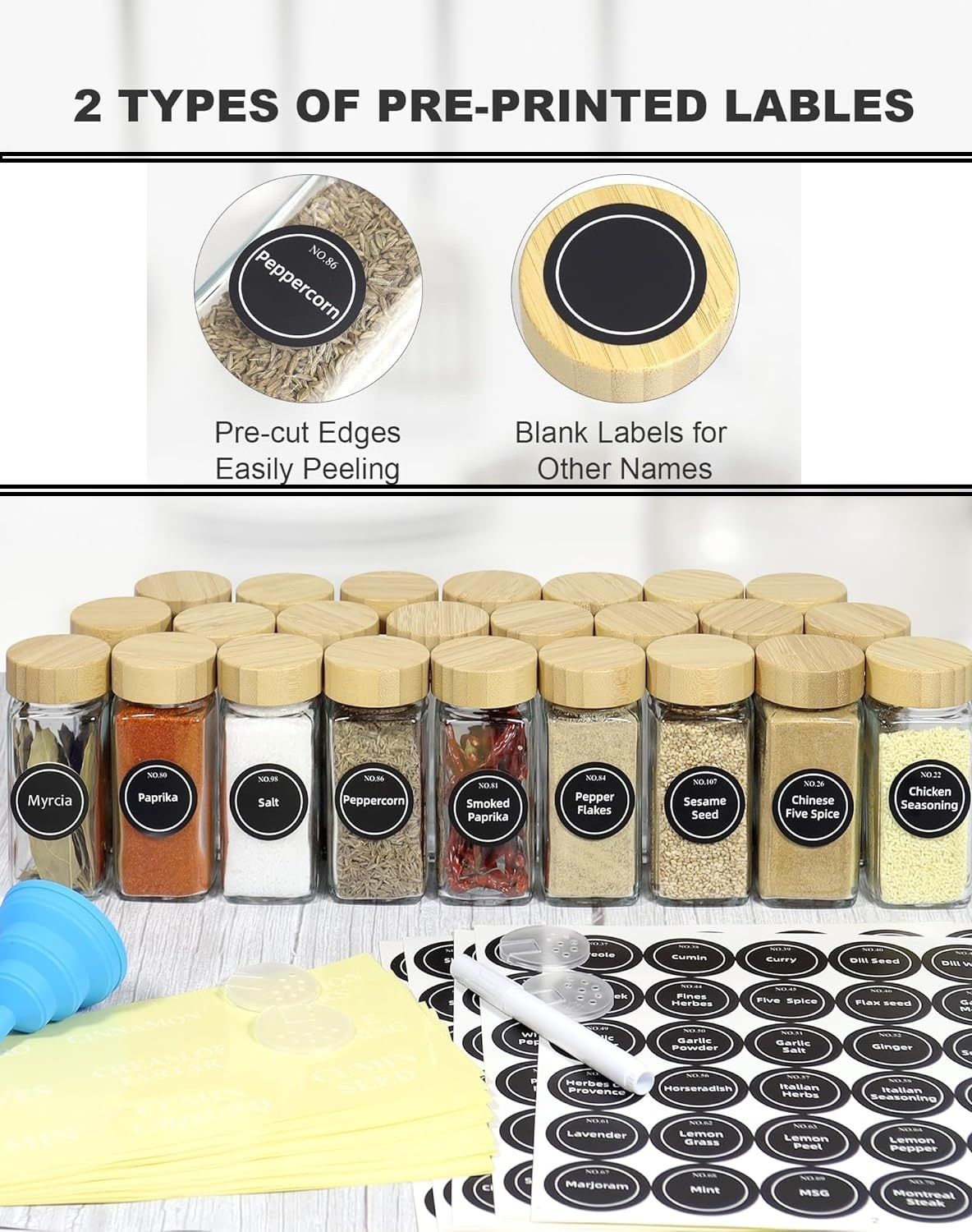 CARLA HOME 24 Glass Spice Jars with Bamboo Lids, Shaker Tops, 180 Spice Labels, White Pen & Funnel for Kitchen Organization, Spice Rack, Seasoning & Herb Storage - Flavour Fushion Cooking Shop