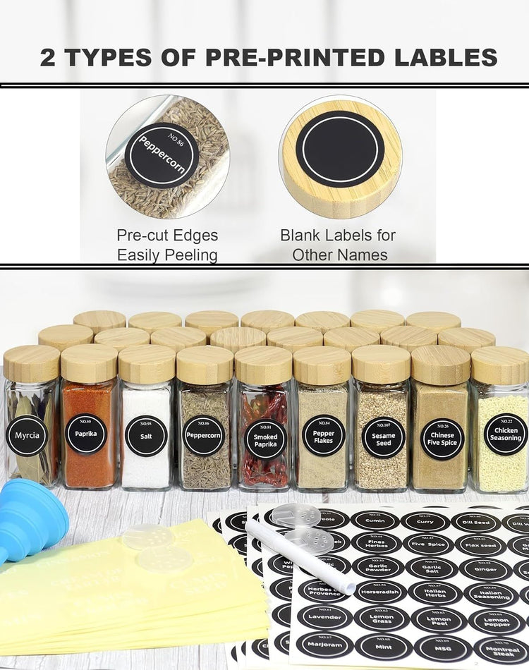 CARLA HOME 24 Glass Spice Jars with Bamboo Lids, Shaker Tops, 180 Spice Labels, White Pen & Funnel for Kitchen Organization, Spice Rack, Seasoning & Herb Storage - Flavour Fushion Cooking Shop