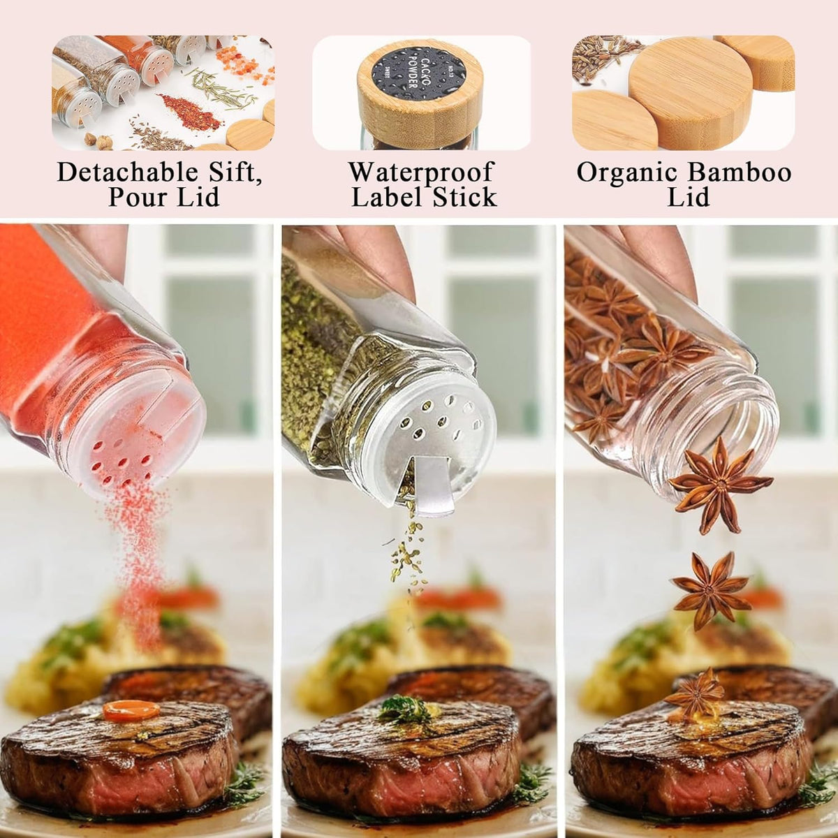 CARLA HOME 24 Glass Spice Jars with Bamboo Lids, Shaker Tops, 180 Spice Labels, White Pen & Funnel for Kitchen Organization, Spice Rack, Seasoning & Herb Storage - Flavour Fushion Cooking Shop