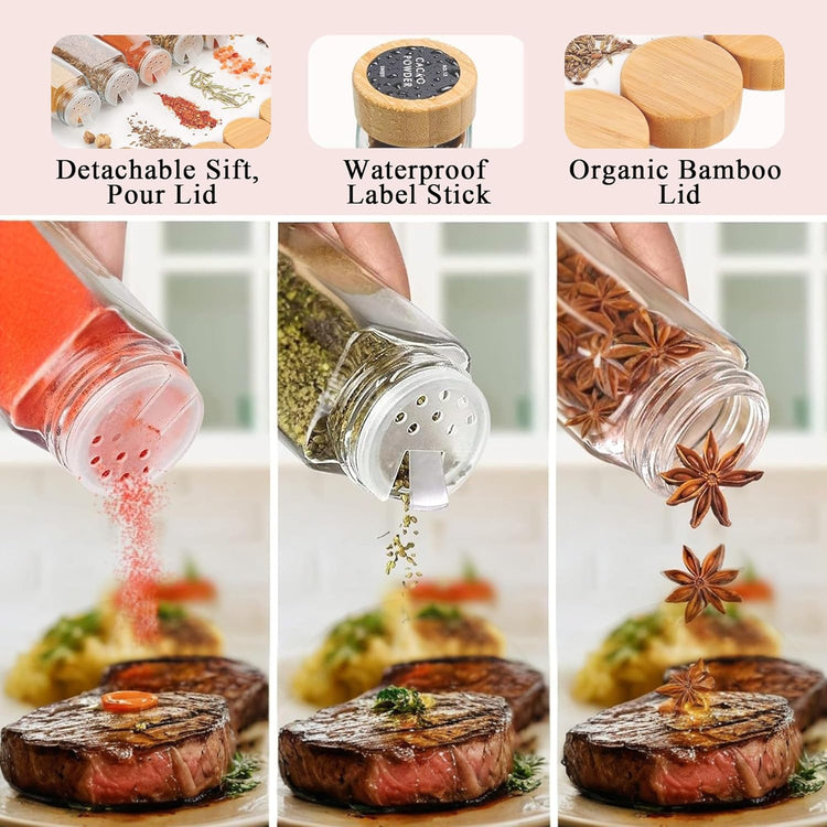 CARLA HOME 24 Glass Spice Jars with Bamboo Lids, Shaker Tops, 180 Spice Labels, White Pen & Funnel for Kitchen Organization, Spice Rack, Seasoning & Herb Storage - Flavour Fushion Cooking Shop