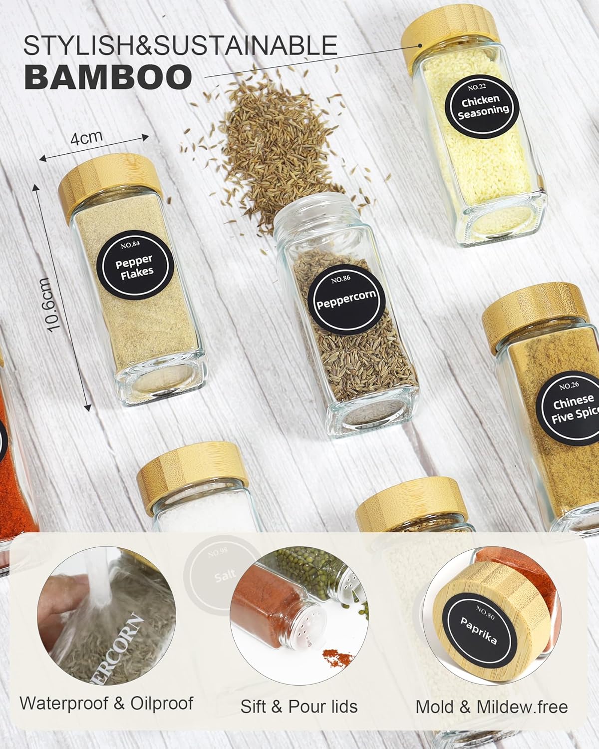 CARLA HOME 24 Glass Spice Jars with Bamboo Lids, Shaker Tops, 180 Spice Labels, White Pen & Funnel for Kitchen Organization, Spice Rack, Seasoning & Herb Storage - Flavour Fushion Cooking Shop
