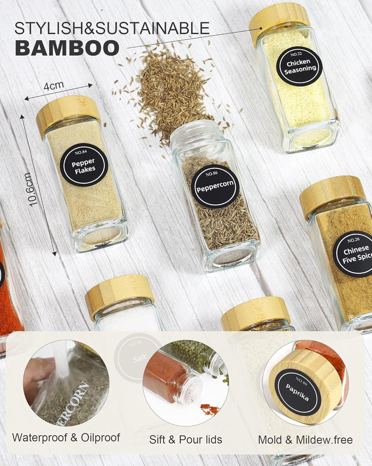 CARLA HOME 24 Glass Spice Jars with Bamboo Lids, Shaker Tops, 180 Spice Labels, White Pen & Funnel for Kitchen Organization, Spice Rack, Seasoning & Herb Storage - Flavour Fushion Cooking Shop