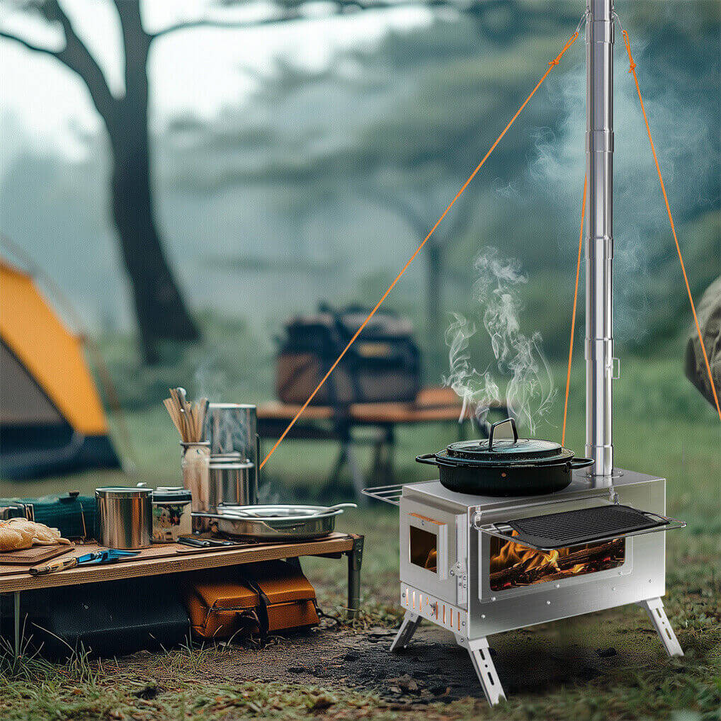 Stainless Steel Wood Burning Stove 1 Burner Camping BBQ with Chimney