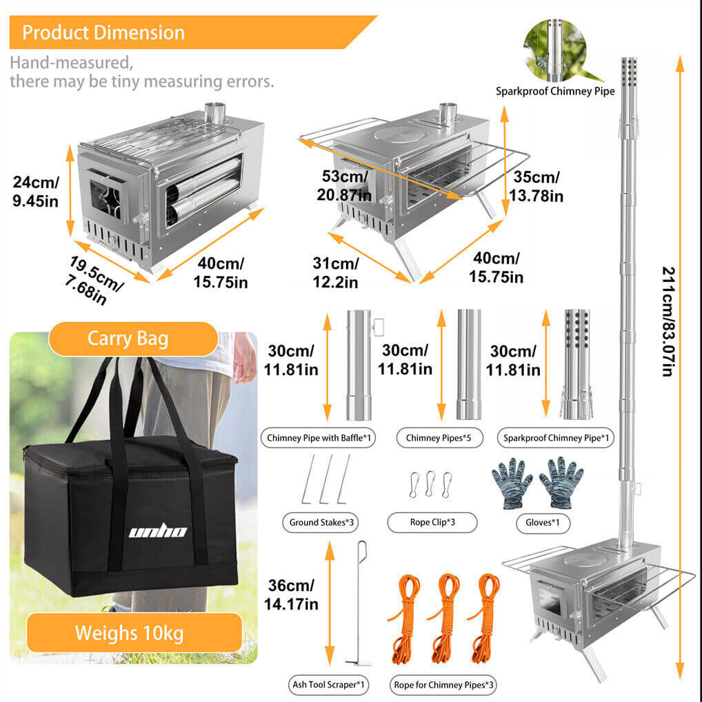 Stainless Steel Wood Burner Stove for Camping with Chimney & Carry Bag