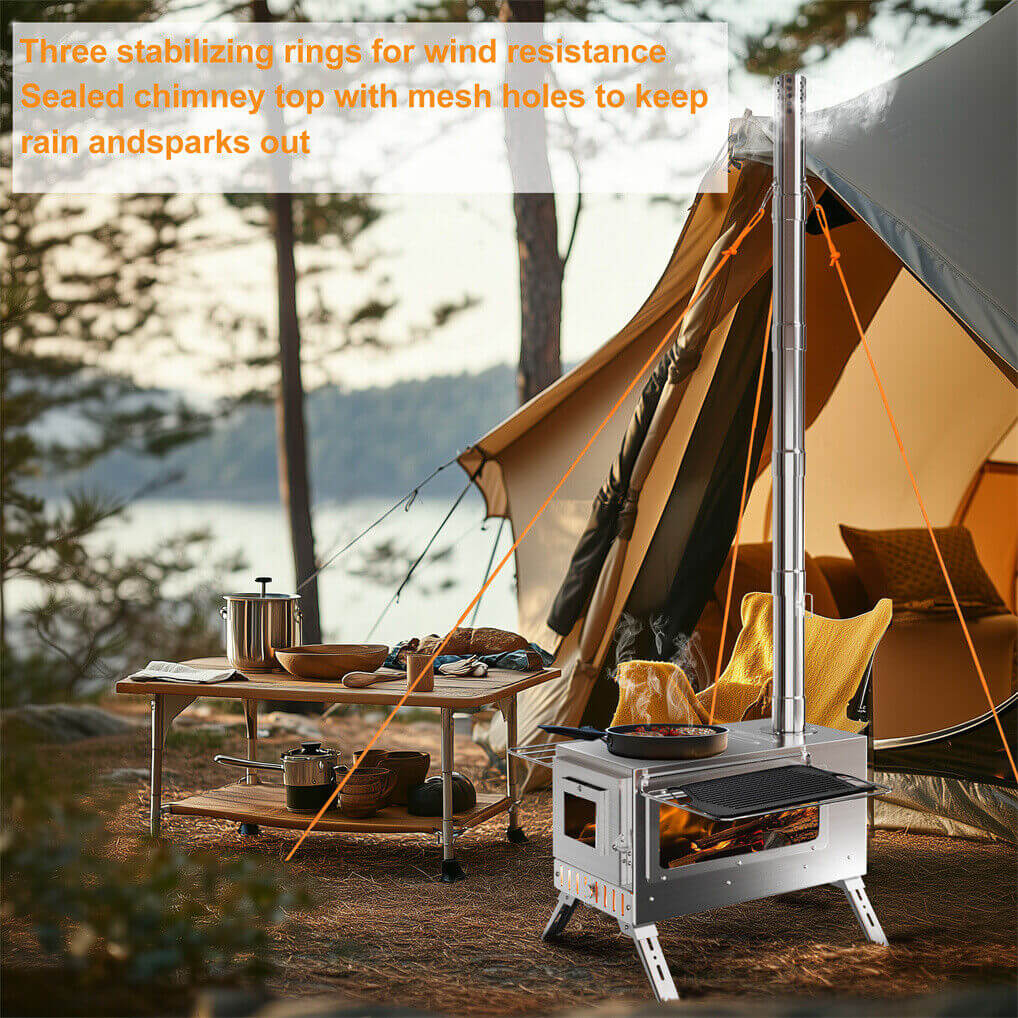 Stainless Steel Wood Burner Stove for Camping with Chimney & Carry Bag