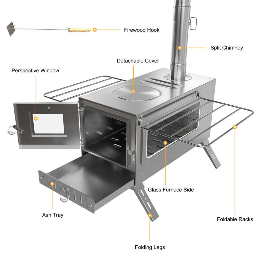 Stainless Steel Wood Burner Stove for Camping with Chimney & Carry Bag