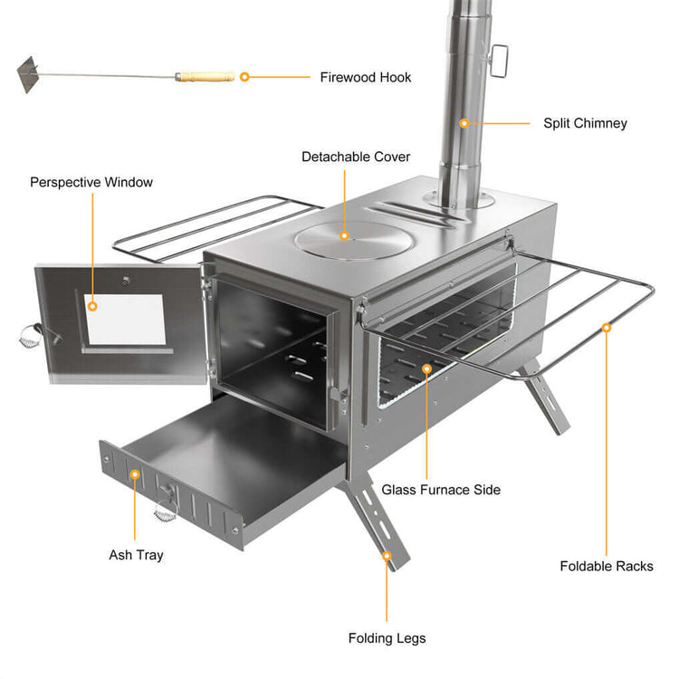 Stainless Steel Wood Burner Stove for Camping with Chimney & Carry Bag